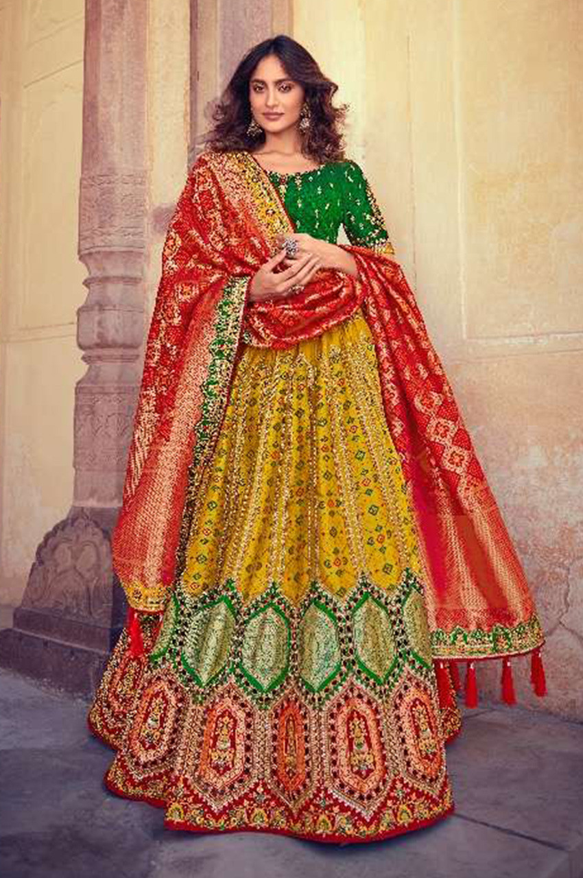 Photo of Red, Orange and Green Bridal Lehenga with Zardozi Work | Green  bridal lehenga, Bridal lehenga, Bridal outfits