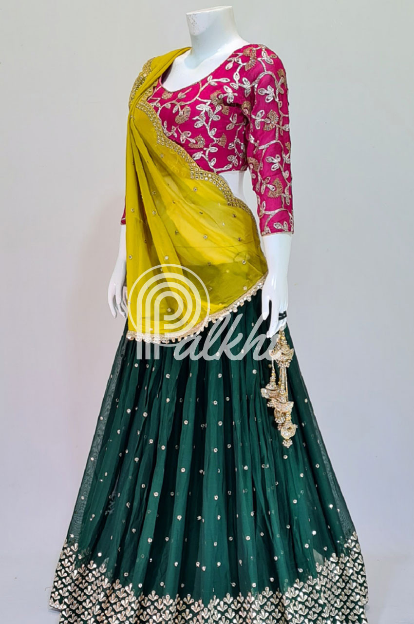 Buy Yellow with Bottle Green Half saree Lehenga Choli Collection