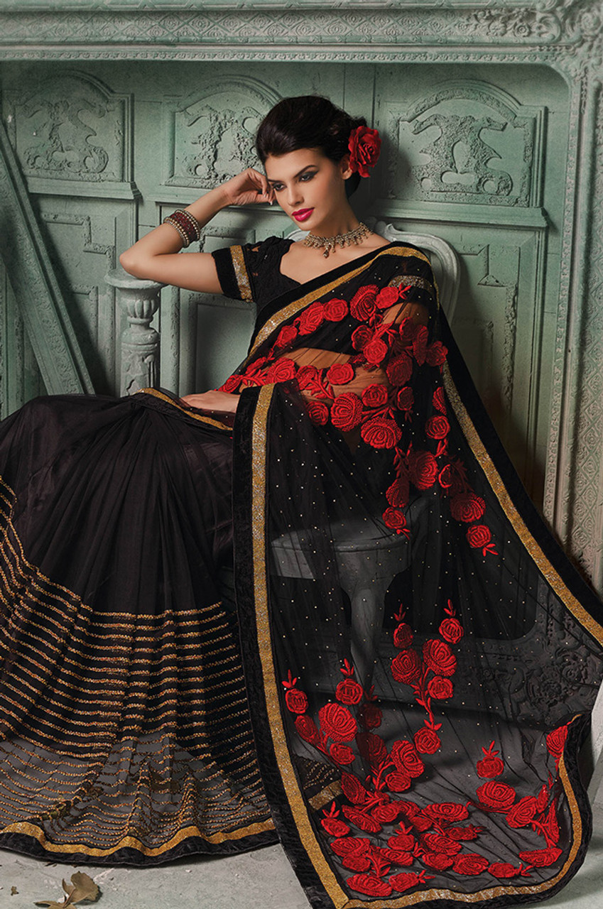 Red and Black Color Awesome Sequins Work Brasso And Crepe Fabric Saree