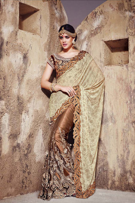 Cream And Brown Color Bridal Sari  (S0350)