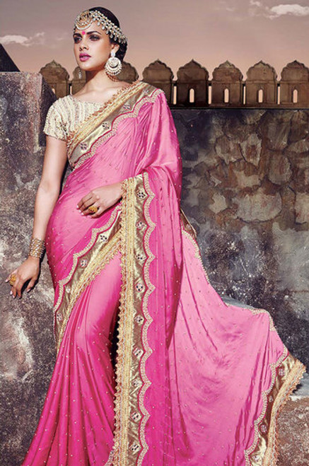 Dazzling Pink Color Heavy Border Vichitra Silk Wedding Saree