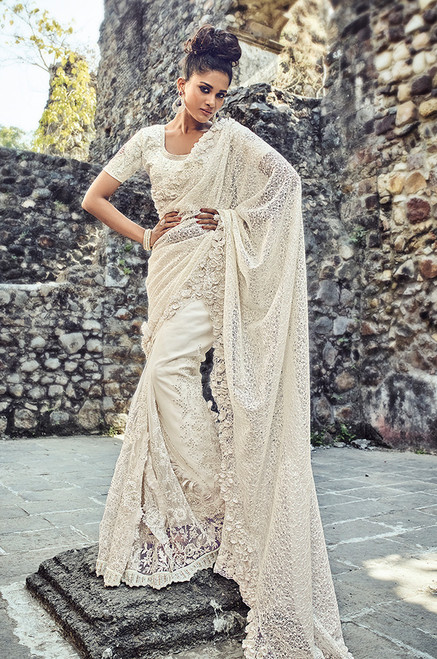 Off White Color Net Wedding Sari (S0581)