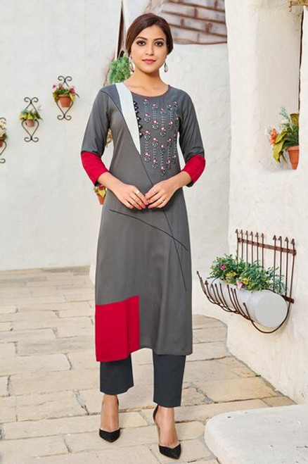 White And Grey Color Kurti With Pocket