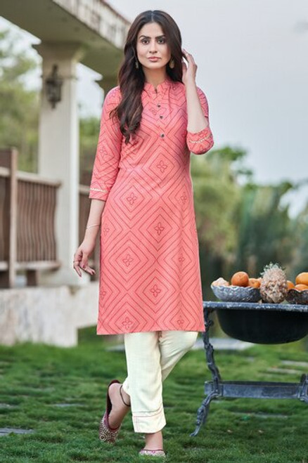 Coral Pink Bandhej Print Dress  (D1137)