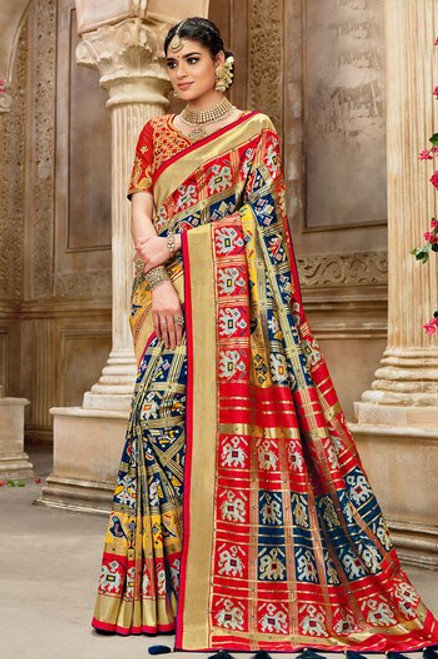 Buy Red Patola Silk Foil Print Trendy Saree Online : Indian Ethnic Wear -