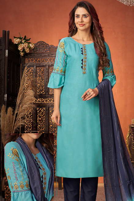 Embroidered Rayon Pakistani Suit in Sky Blue : KFT210