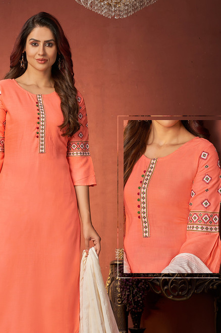 Peach Color cotton embroidered kurta with embroidered kurta pant-VIBRANT03