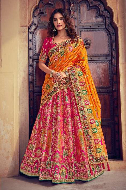 Pink and orange color bridal lehengha choli