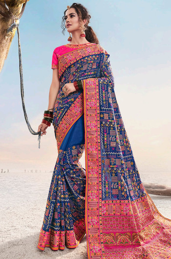 Baby Pink and Royal Blue color Lichi sarees with zari border saree design  -LICH0000185