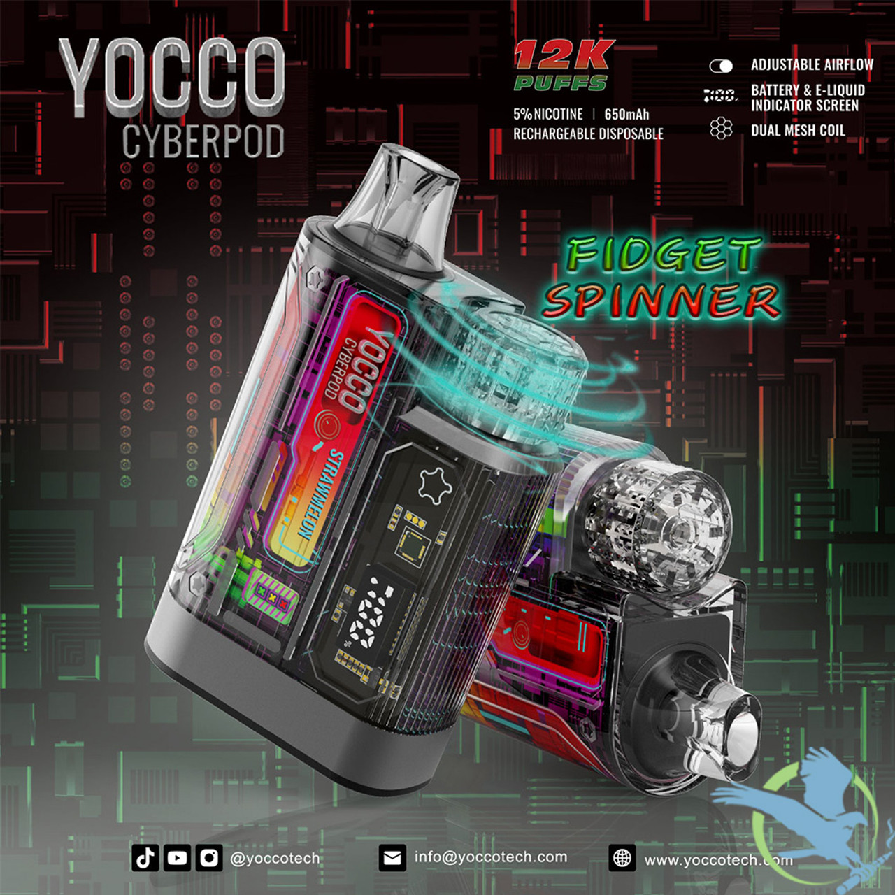 https://cdn11.bigcommerce.com/s-964anr/images/stencil/1280x1280/products/24220/122472/Yocco-Cyberpod-12000-Puffs-20ML-650mAh-Prefilled-Nicotine-Salt-Rechargeable-Disposable-Vape-Device-With-Dual-Mesh-Coil--Battery--E-liquid-Indicator-Screen---Display-of-10---Wholesale-2__75662.1701407128.jpg?c=2