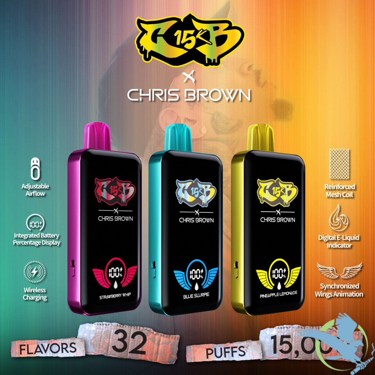 Chris Brown CB15K Puffs 15ML Disposable Device With Synchronized Wings Animation & Wireless Charging