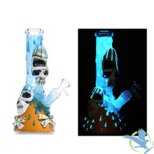 Dragon Glass Skull & Bones Volcanic Glow In The Dark Water Pipe - 580 Grams - 10 Inches - Assorted Colors [DGE-478]
