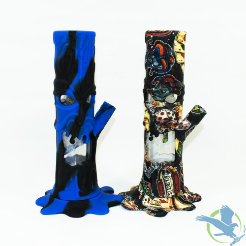 Silicone Water Pipe Melting Tree Face Base Design With LED Base Light & Downstem - 340 Grams - 9 Inches [SP1072]