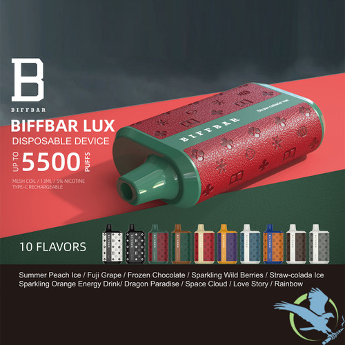 BIFFBAR Lux 13ML 5500 Puffs 550mAh Prefilled Nicotine Salt Rechargeable Disposable Device With Mesh Coil - Display of 10