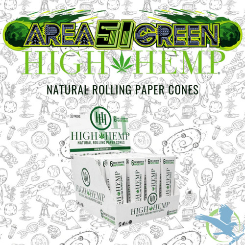 High Hemp 1 1/4 Size Natural Rolling Paper Cones - Pack of 6 - Display of 20 Packs - Area 51 Green