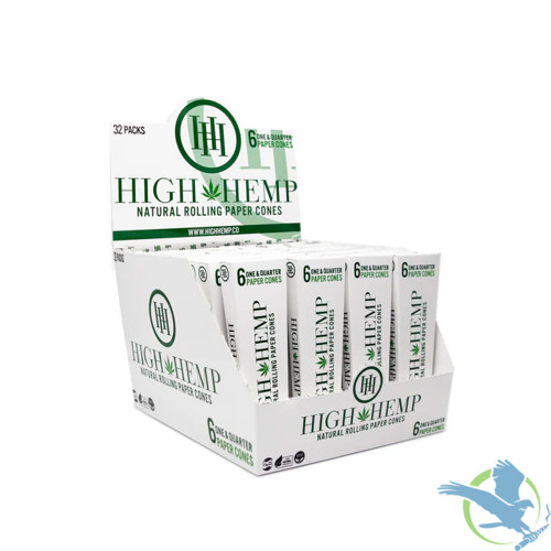 High Hemp 1 1/4 Size Natural Rolling Paper Cones - Pack of 6 - Display of 32 Packs - Original
