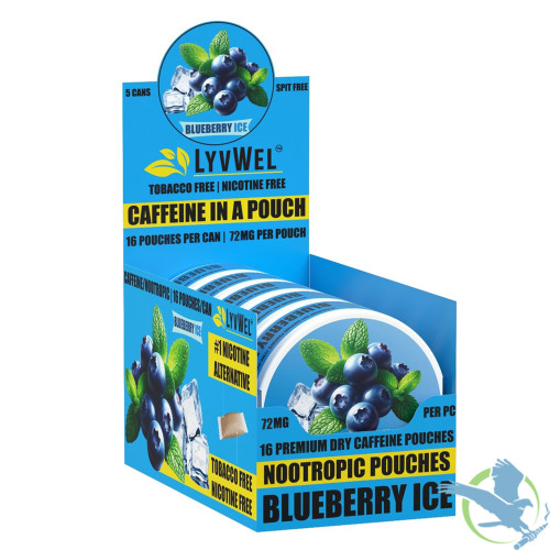 LyvWel Caffeine Nootropic Pouches - 16 Pouches Per Can - Pack of 5 Cans - Blueberry Ice (Dry)