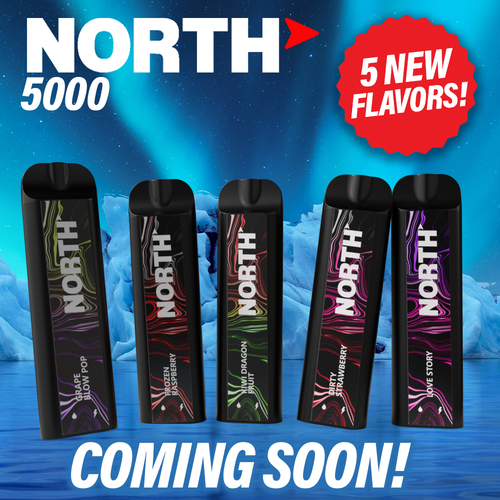 North 10ML 5000 Puffs 5 NEW FLAVORS 550mAh Prefilled Nicotine Salt Rechargeable Disposable Vape Device With Mesh Coil & E-liquid & Battery Indicator - Display of 10- Coming Soon