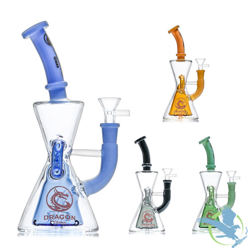 Dragon Glass Water Pipe Hourglass Cone Design Bent Neck With Tire Perc - 385 Grams - 9.5 Inches - Assorted Colors [DGE-421]