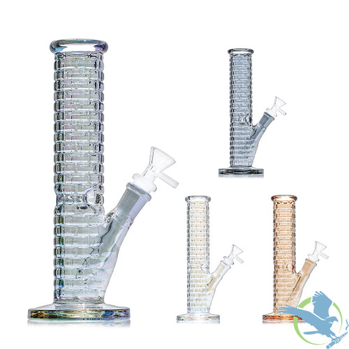 Shadow Glass Iridescent Grid Textured Straight Tube Bong Water Pipe Thick Base With Downstem - 430 Grams - 10 Inches - Assorted Colors [SGE-186]
