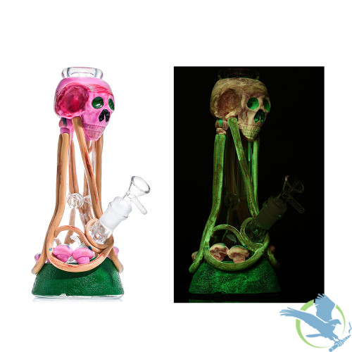 Dragon Glass Trippy Skull Mushrooms Glow In The Dark Water Pipe - 630 Grams - 10 Inches - Assorted Colors [DGE-475]