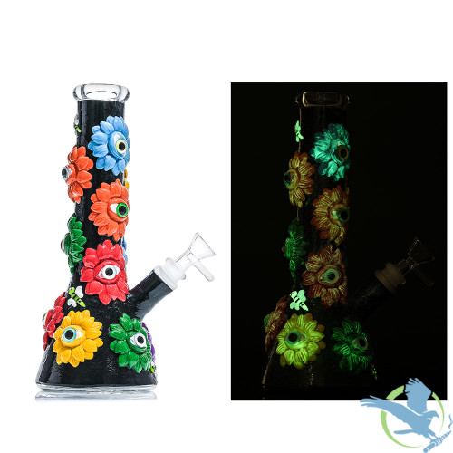 Dragon Glass Psychedelic Flower Glow In The Dark Water Pipe - 600 Grams - 10 Inches - Assorted Colors [DGE-476]