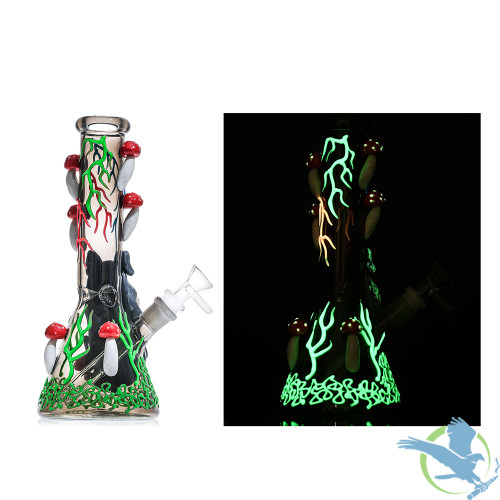 Shadow Glass Monster Character With Mushrooms Glow In The Dark Water Pipe - 440 Grams - 10 Inches - Assorted Colors [SGE-202]