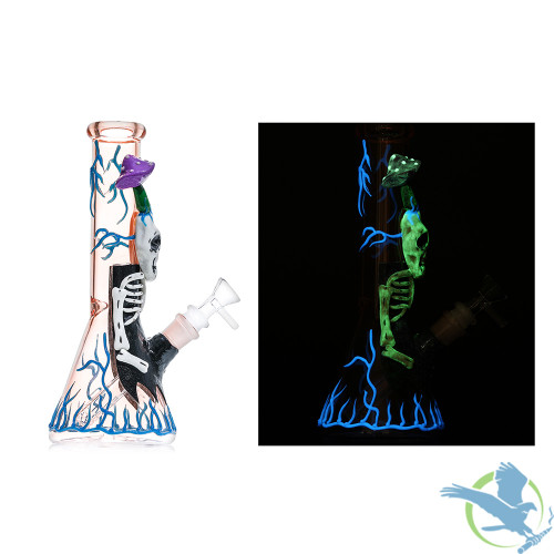 Shadow Glass Skeleton Character With Mushroom Glow In The Dark Water Pipe - 440 Grams - 10 Inches - Assorted Colors [SGE-203]