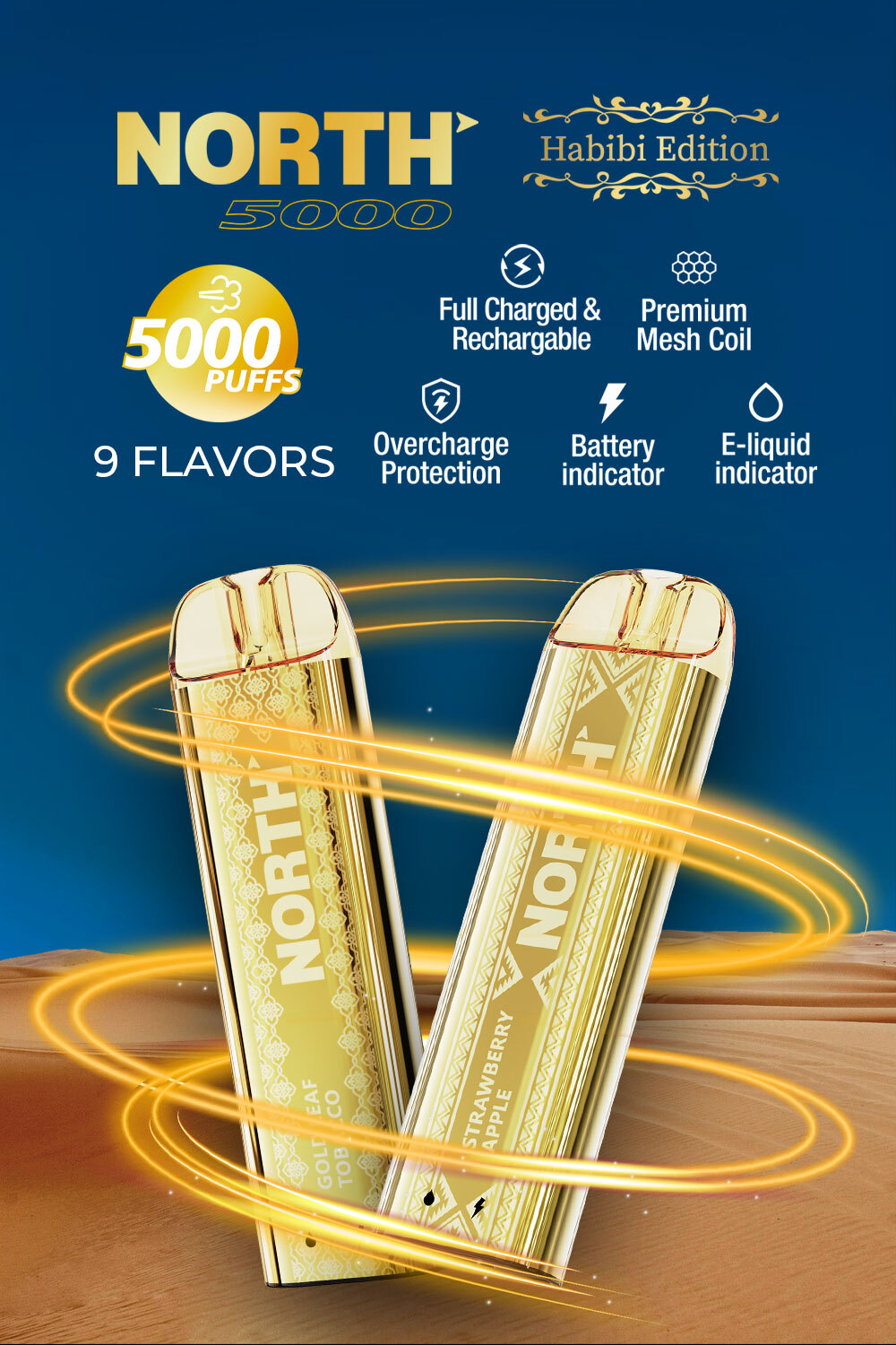 North Habibi Edition 10ML 5000 Puffs Disposable Vape Device With Premium Mesh Coil & E-liquid & Battery Indicator - Display of 10
