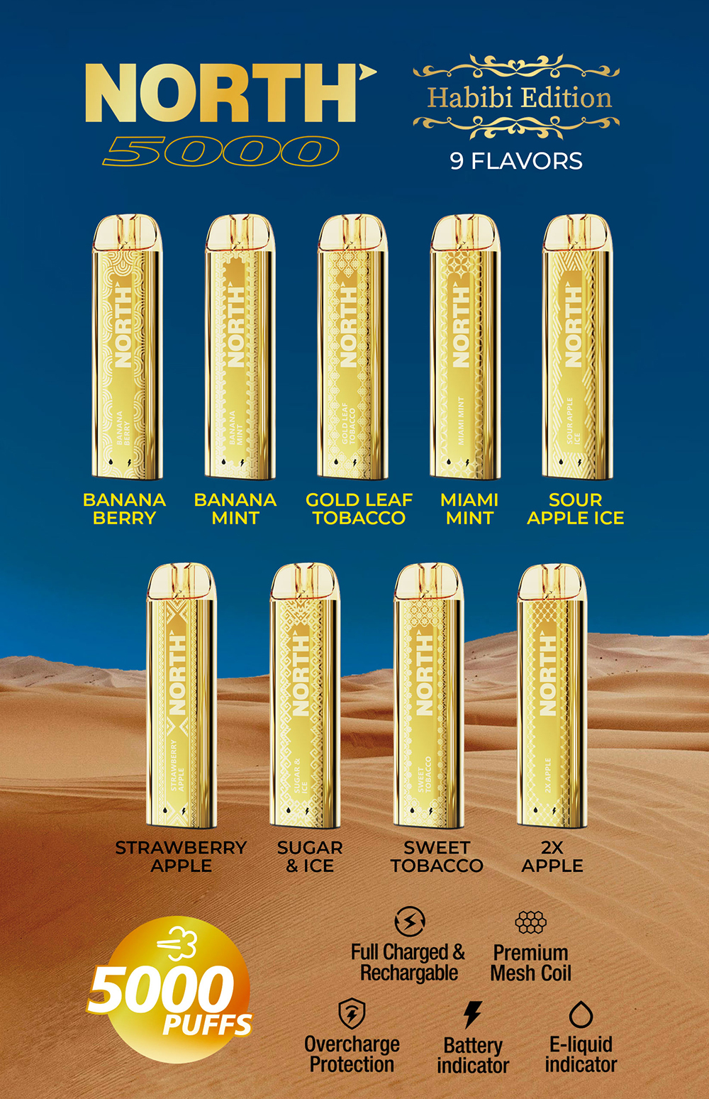 North Habibi Edition 10ML 5000 Puffs Disposable Vape Device With Premium Mesh Coil & E-liquid & Battery Indicator - Display of 10