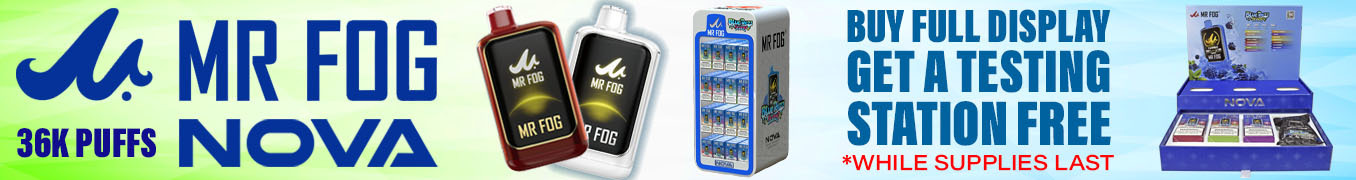 Buy 1 Mr. Fog Nova Acrylic Display of 160 get 1 Mr. Fog Nova Testing Station free.