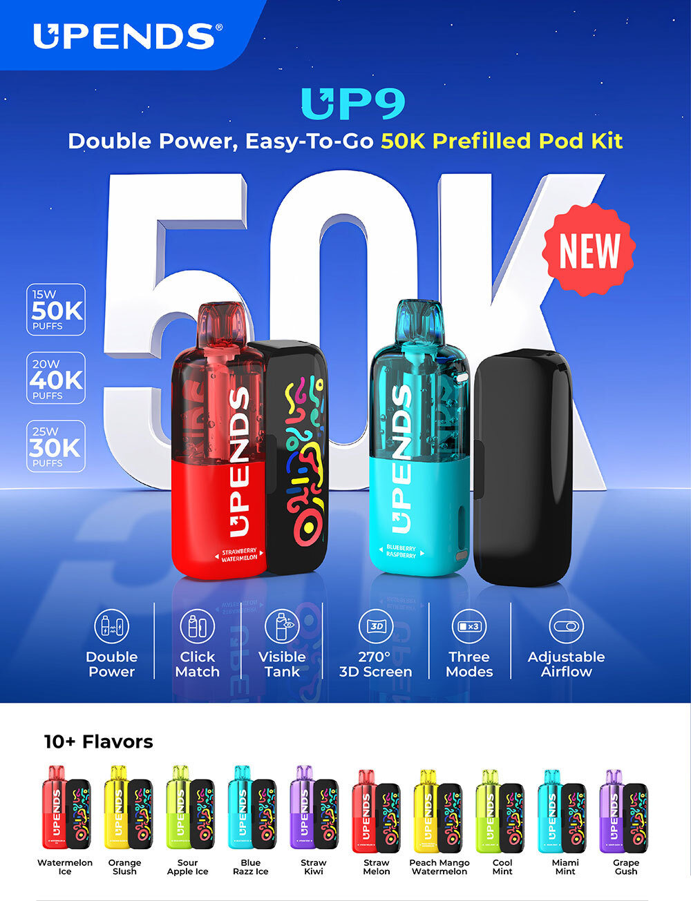 UPENDS UP9 50K Puffs 20ML Disposable Pod Kit With Visible Tank Pods Info