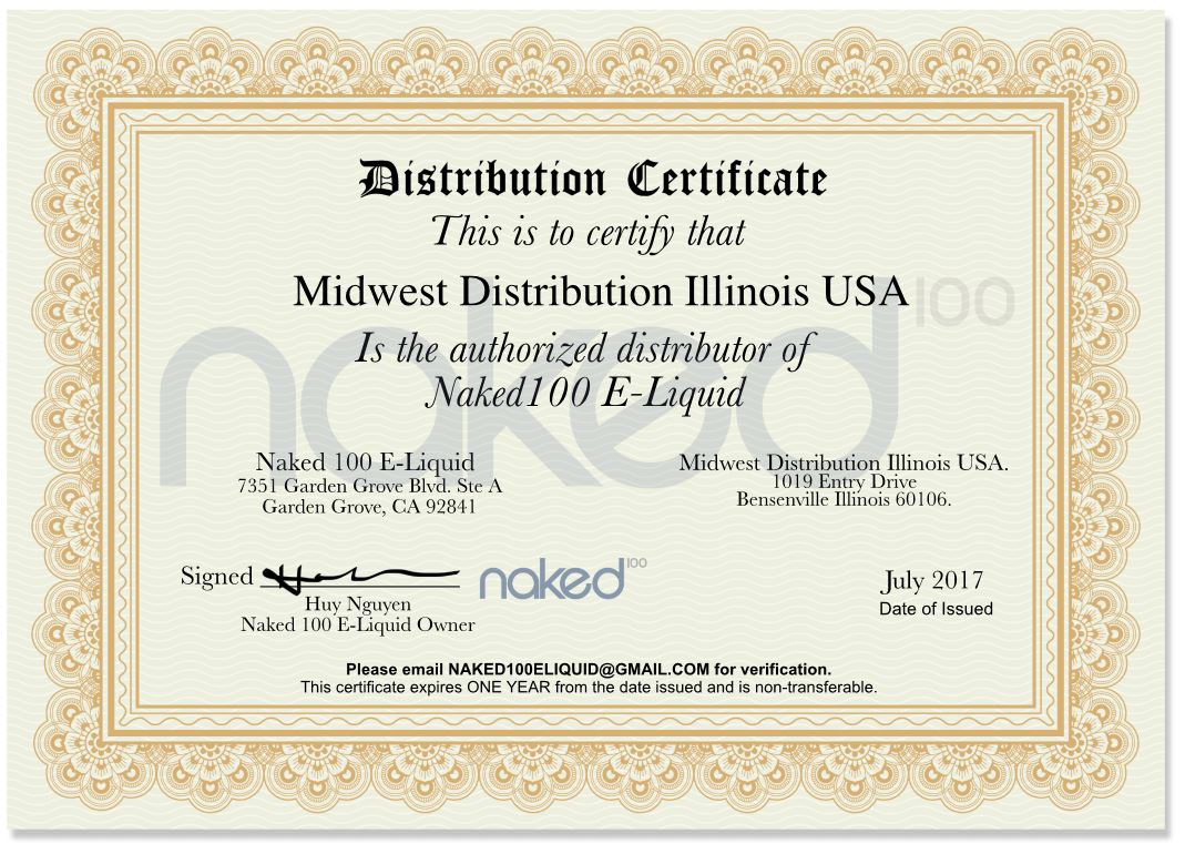 Authentic Naked 100 E-liquid Distributor Certificate