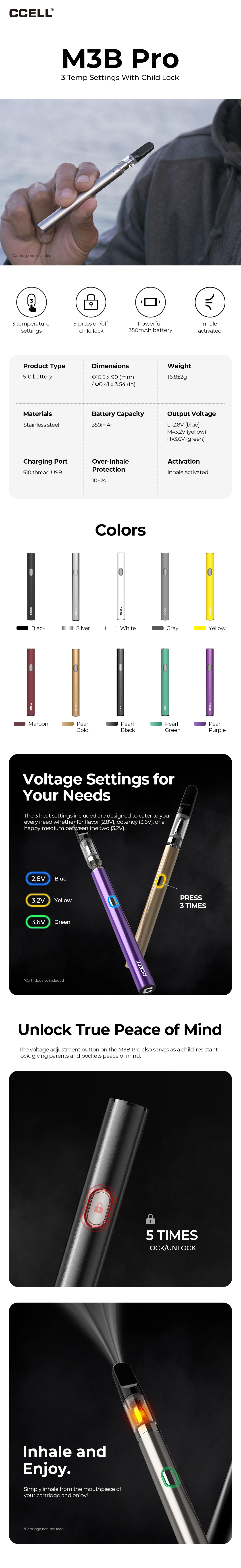 CCELL M3b Pro 350mAh Variable Voltage 510 Thread Rechargeable Battery With USB Adapter