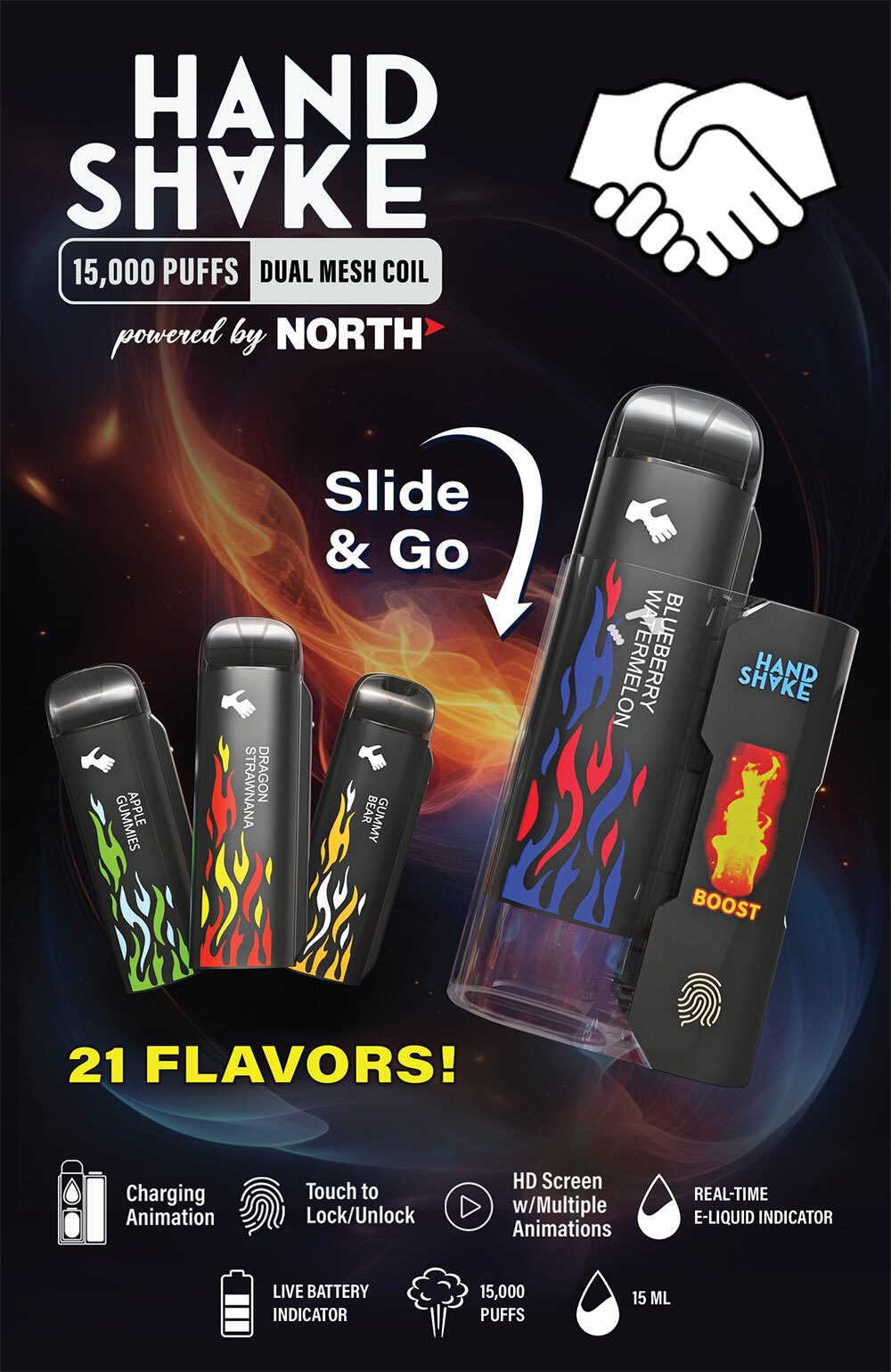 HandShake Powered By North 10ML 15K Puffs Smart C-Disposable Pod Device Starter Kit Compatible & Dual Mesh Coil