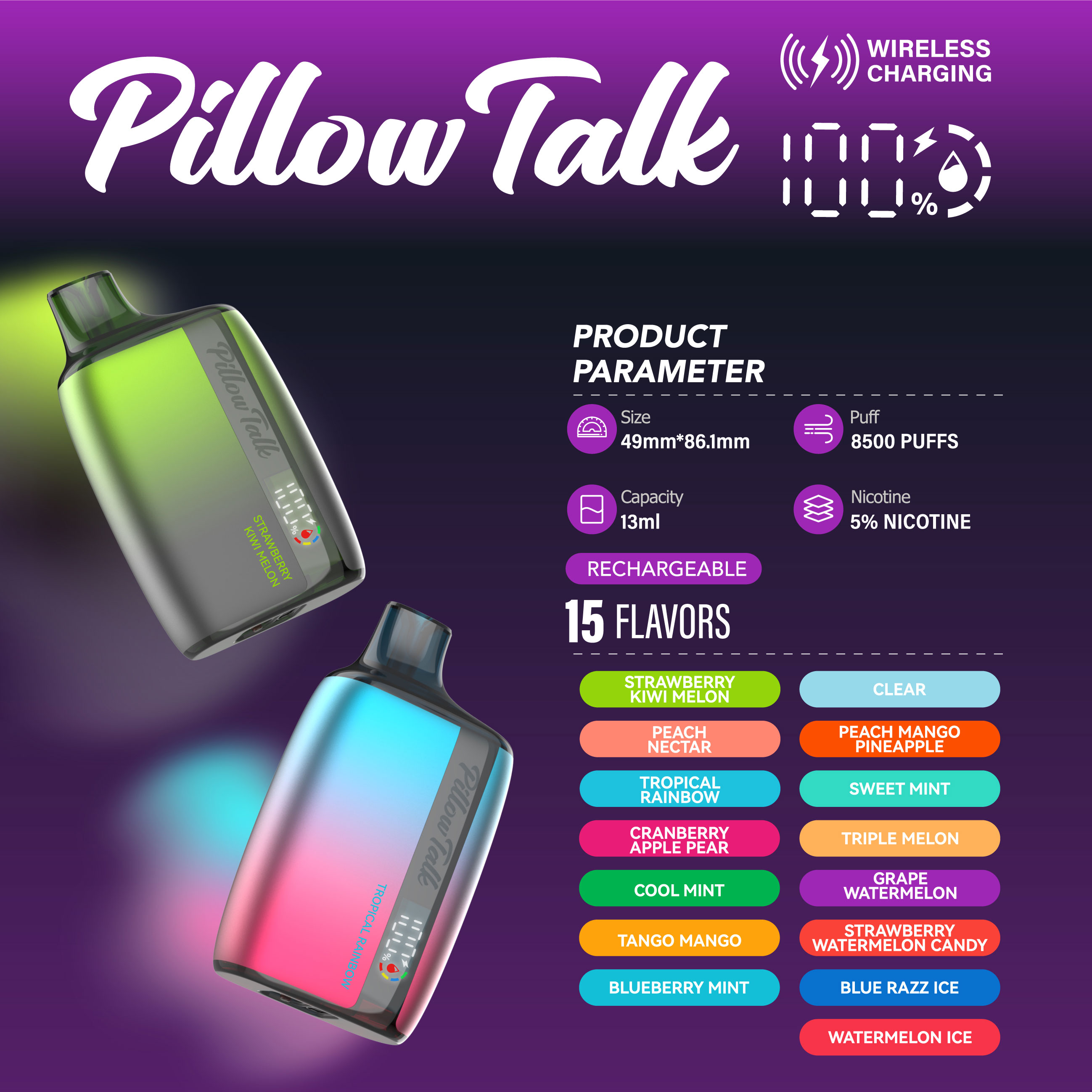 Pillow Talk 13ML 8500 Puffs Mesh Coil Wireless Charging Disposable Device With E-liquid & Battery Screen