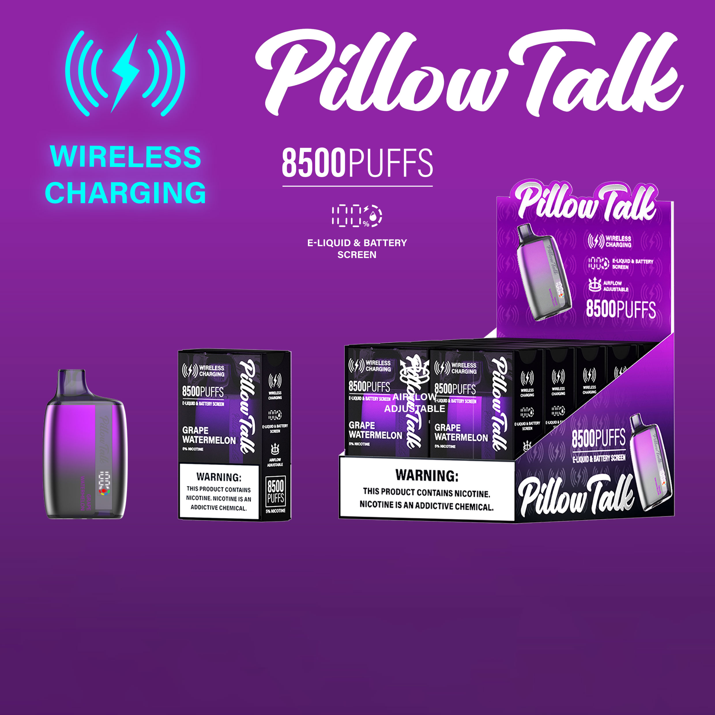 Pillow Talk 13ML 8500 Puffs Mesh Coil Wireless Charging Disposable Device With E-liquid & Battery Screen