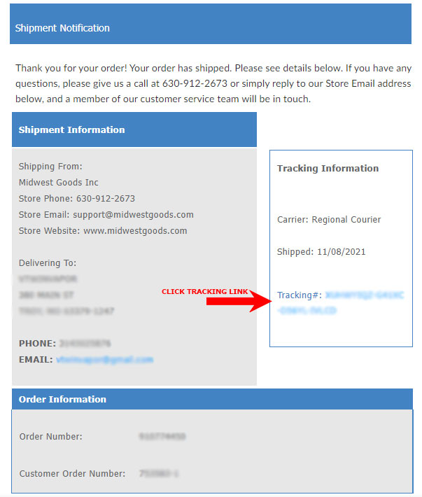 Shipment Notification Email Shows Tracking Link to Track your Order Midwest Goods Inc 