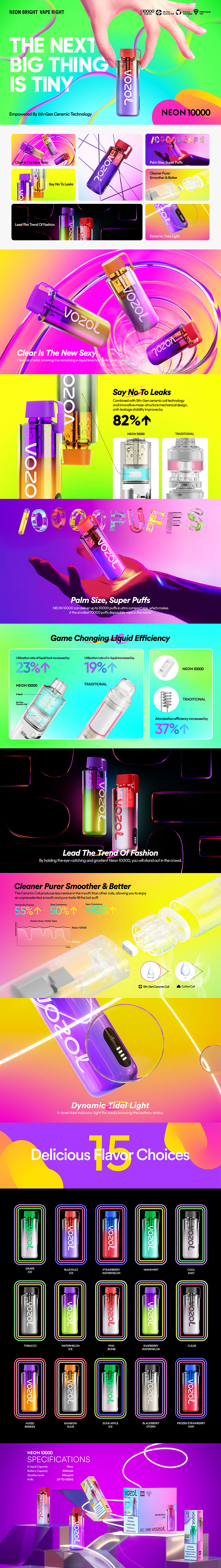 Vozol Neon 10000 10ML 10000 Puffs Prefilled Nicotine Salt Rechargeable Disposable Device With Ceramic Coil & Visible Liquid Tank & Battery Indicator - Display of 5