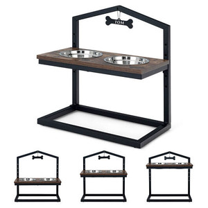 5 Heights Elevated Pet Feeder with 2 Detachable Stainless Steel Bowl-Natural B593-PU10007 5 Heights Elevated Pet Feeder with 2 Detachable Stainless Steel Bowl-Natural B593-PU10007