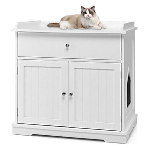 Wooden Cat Litter Box Enclosure with Drawer Side Table Furniture-White - Color: White D681-PV10009WH Wooden Cat Litter Box Enclosure with Drawer Side Table Furniture-White - Color: White D681-PV10009WH