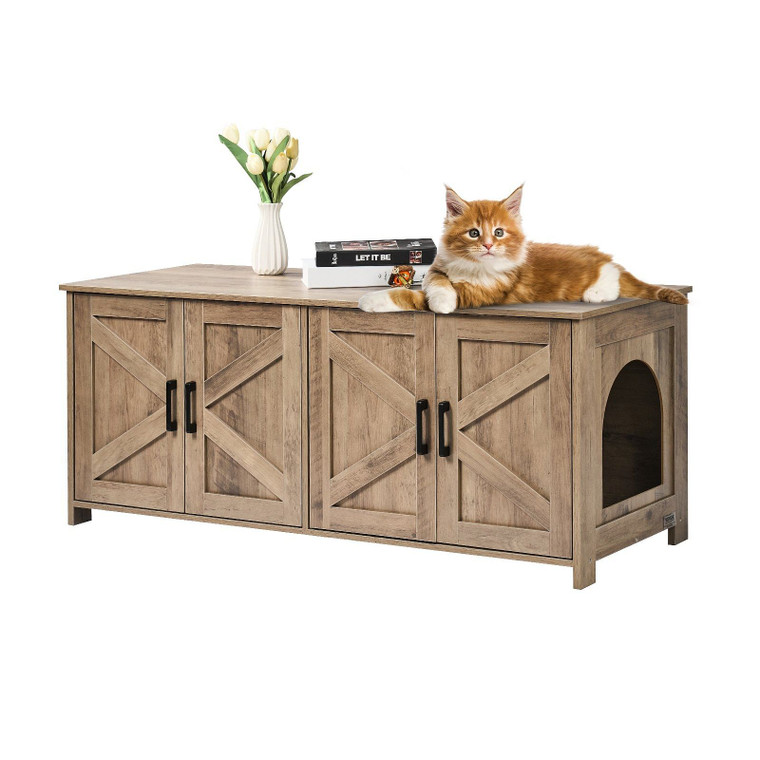 VEVOR Cat Litter Box Enclosure Wooden Litter Box Furniture Hidden 2 Rooms Greige E415-JSDMMSPWQ472MXLF5V0