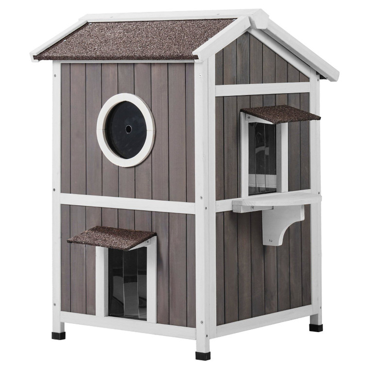 VEVOR Outdoor Cat House 2-story Wooden Feral Cat Shelter with Roof & Door Flaps E415-FWSMZMBHSSCSSFKXHV0