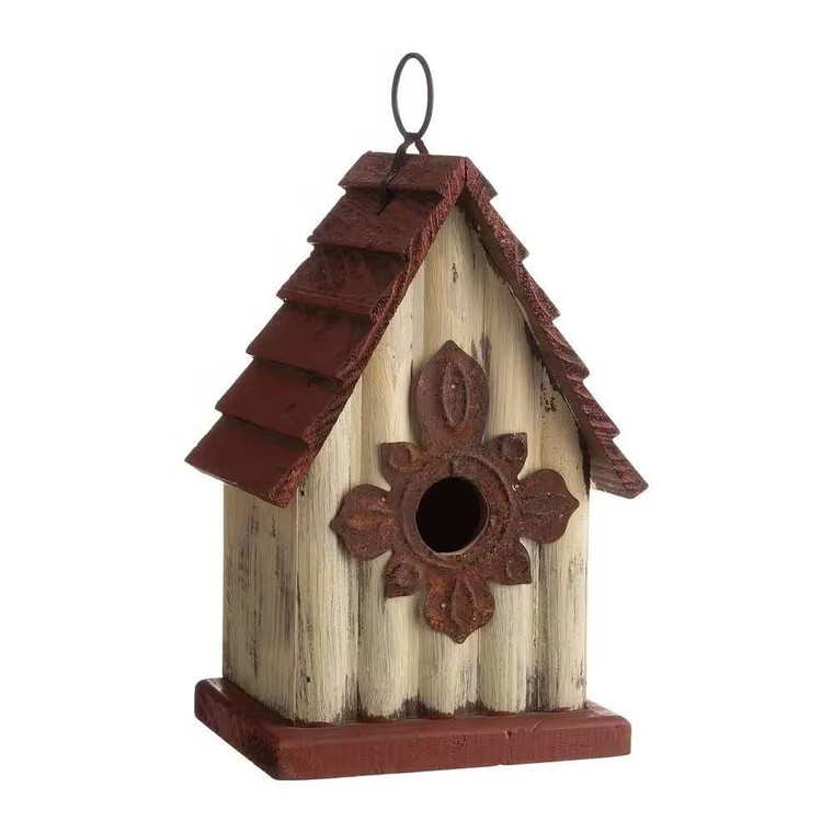 Outdoor A-Frame Solid Wood Bird House with Terracotta Color Slatted Roof Q280-NHDSWBH2194236758