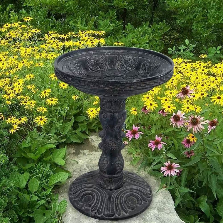 Outdoor Garden Fiberglass Bird Bath in Black Charcoal Stone Finish Q280-BLTFCSFR159283614