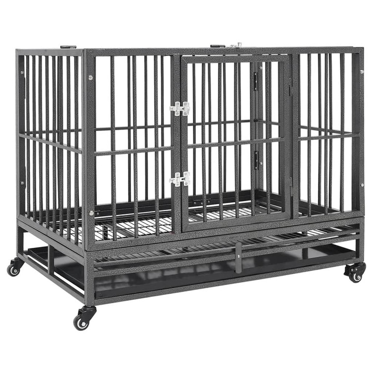 Dog Cage Black and Silver Steel Medium Lockable Wheels Dog Cage A949-171491