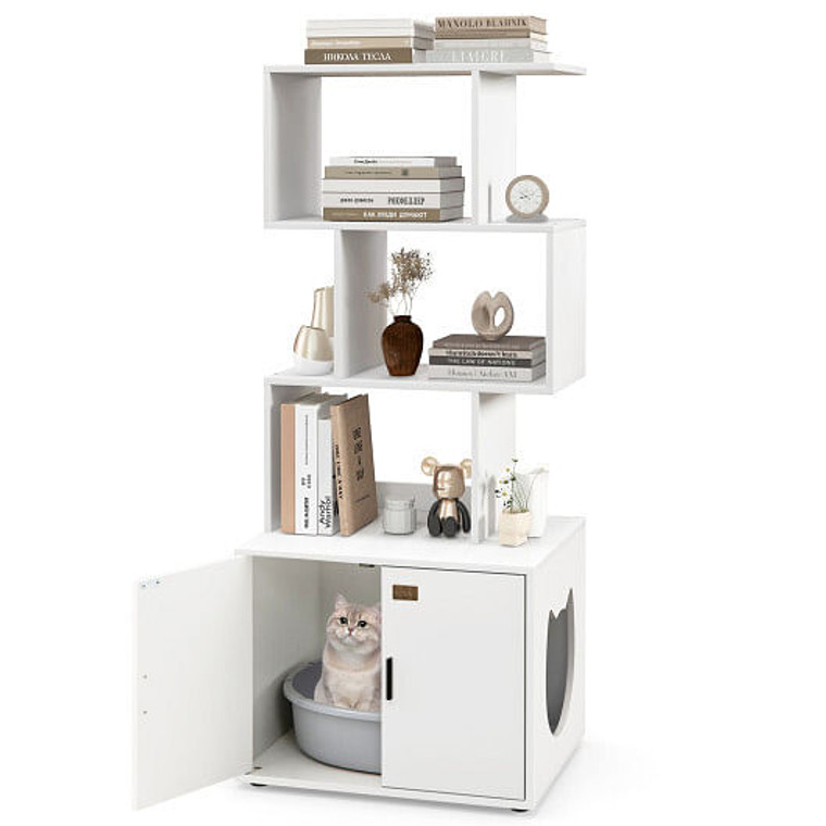 56 Inch Tall Cat Litter Box Enclosure with Storage-White - Color: White D681-PV10166WH