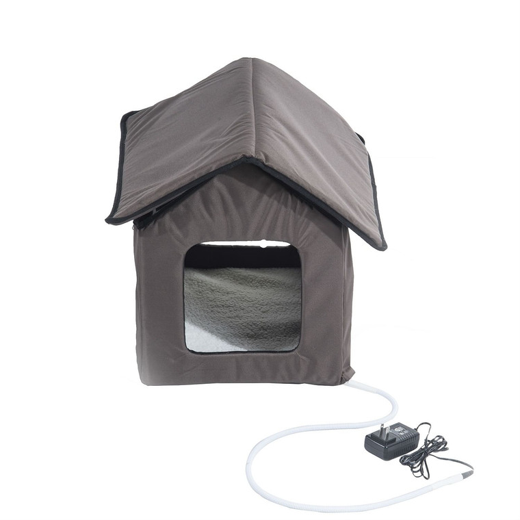 Heated Outdoor Cat House with Lamb Wool Padded Cats Bed in Brown Q280-PHAOJF1409