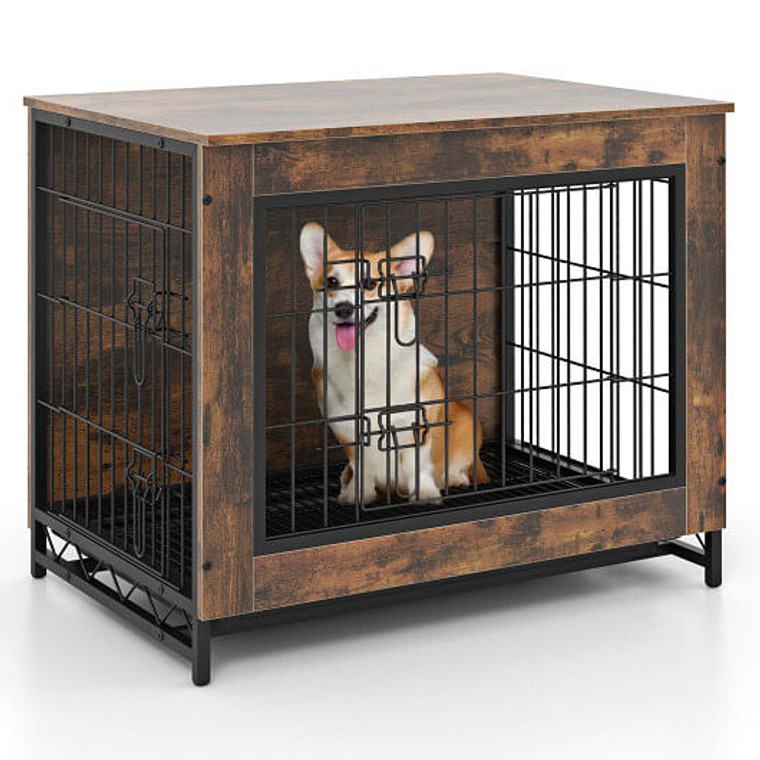 Dog Crate Furniture with Double Lockable Doors and Removable Pull-out Tray-S - Size: S D681-PU10056CF