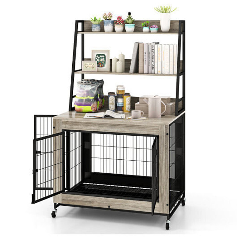 Industrial Dog Kennel Dog Crate Furniture with Storage Shelves-Gray - Color: Gray D681-PU10061GR
